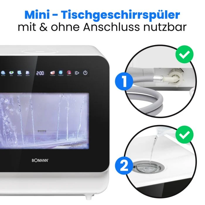 Bomann TSG 5702 Mini-Geschirrspüler | mit Wassertank | 2 Maßgedecke | Weiß