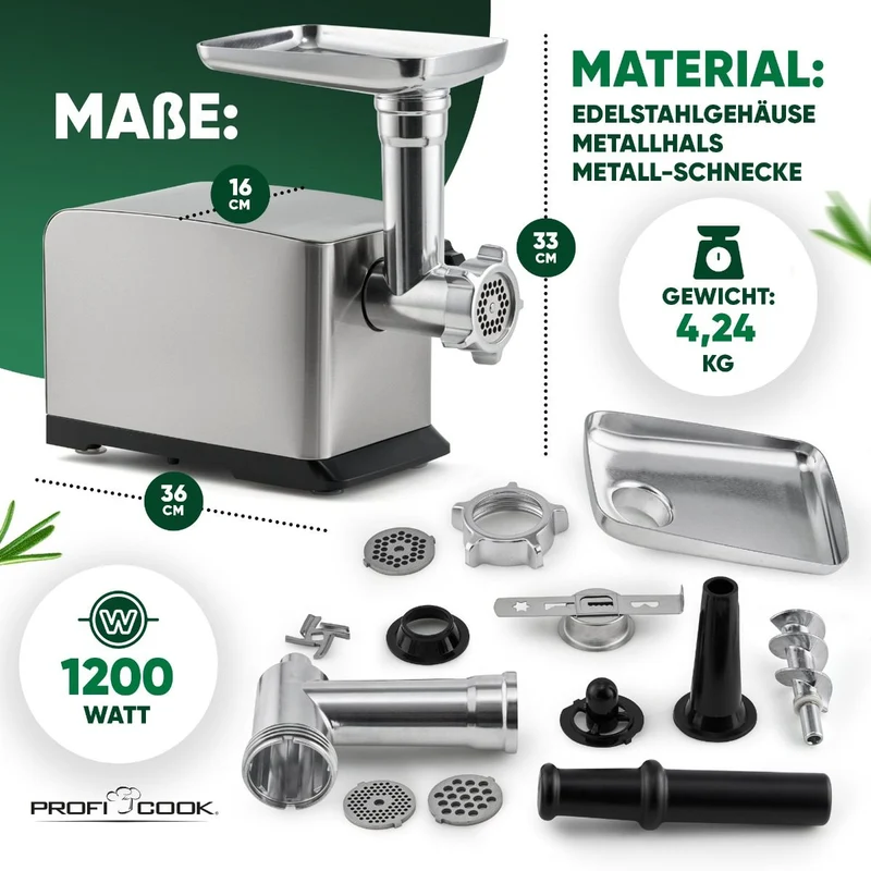 ProfiCook PC-FW 1272 Fleischwolf | Profi-Motor | Alu-Druckguss | Edelstahl