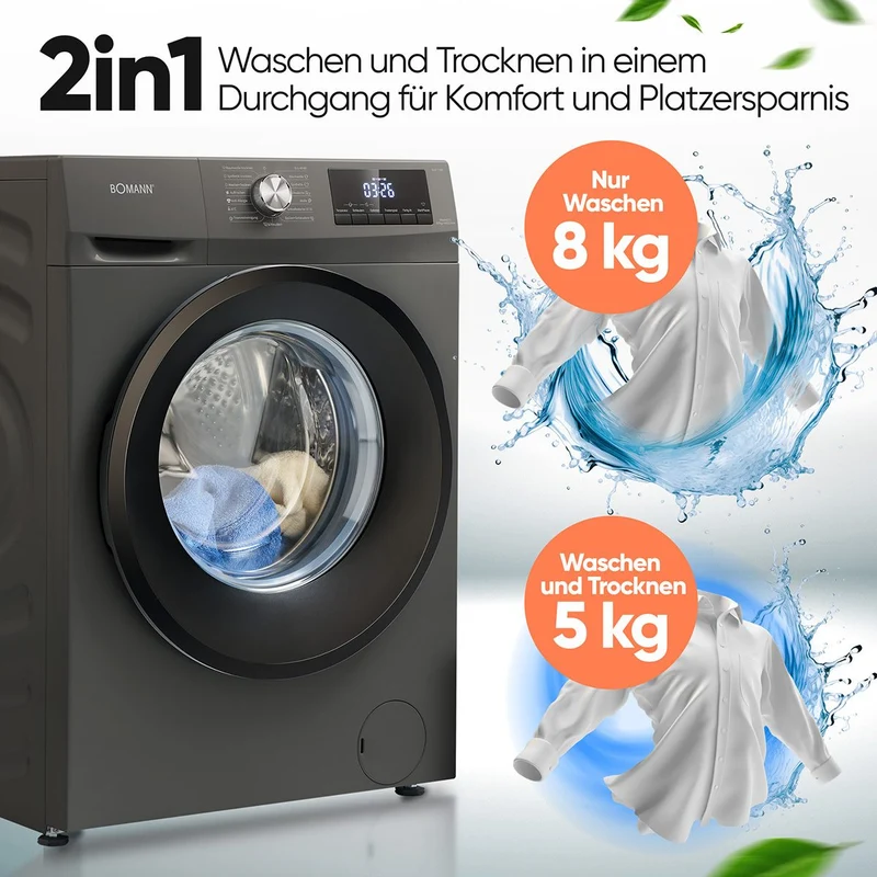 Bomann WAT 7186 Waschtrockner 8 kg | 1400 U/Min | Titan-Optik | EEK A