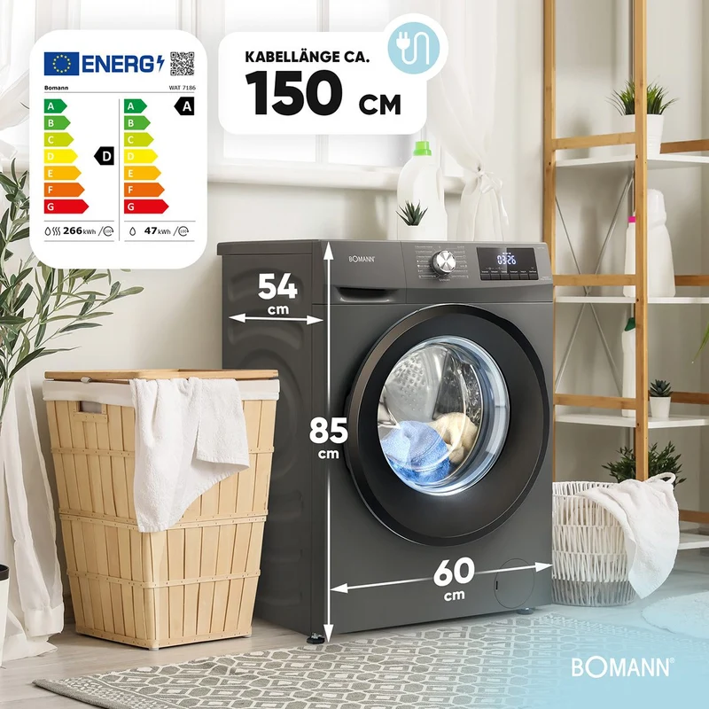 Bomann WAT 7186 Waschtrockner 8 kg | 1400 U/Min | Titan-Optik | EEK A