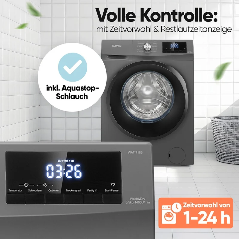Bomann WAT 7186 Waschtrockner 8 kg | 1400 U/Min | Titan-Optik | EEK A