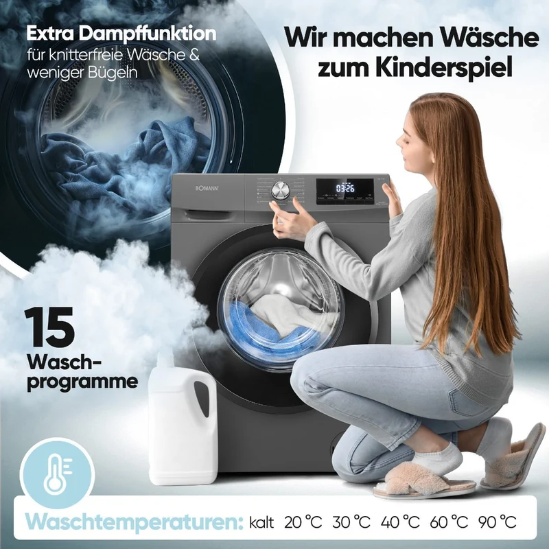 Bomann WAT 7186 Waschtrockner 8 kg | 1400 U/Min | Titan-Optik | EEK A