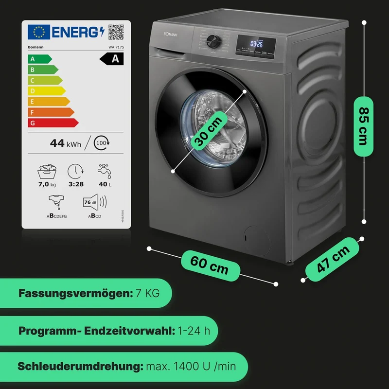 Bomann WA 7175.1 Waschmaschine 7 kg | 1400 U/Min | Titan-Optik | EEK A