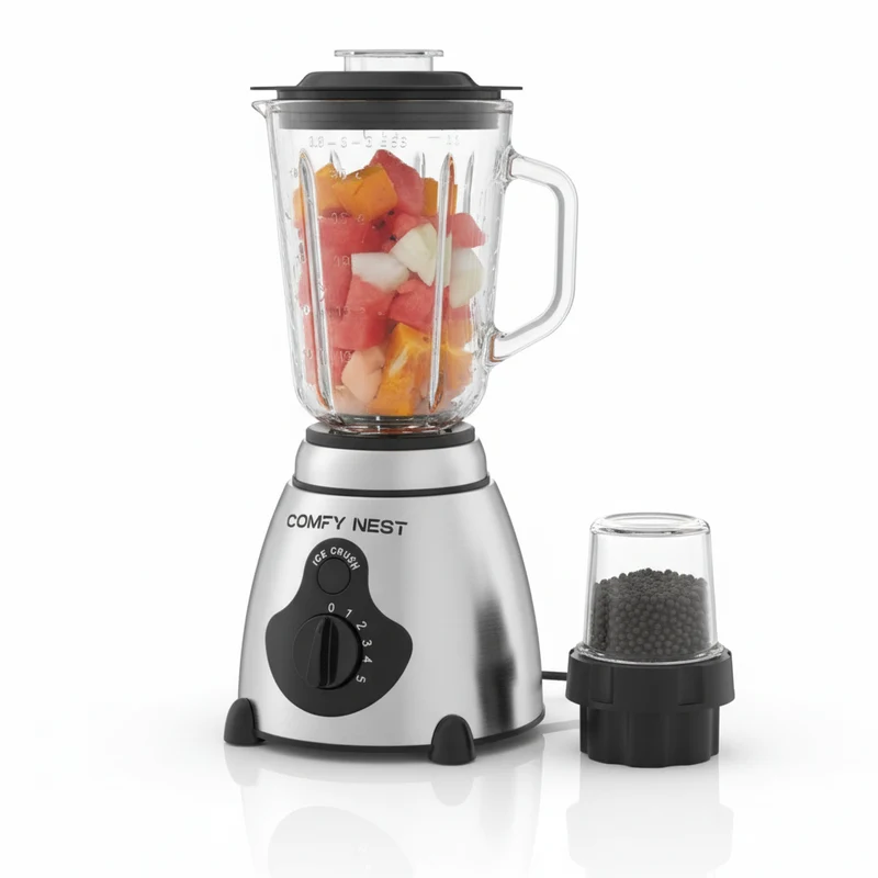 Comfy Nest CN-BLG15: 2-in-1-Mixer und -Mahlwerk aus Glas mit Eiszerkleinerer