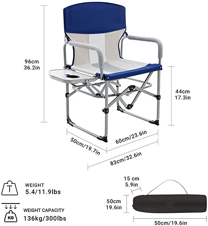 Robuster kompakter Camping-Klappstuhl mit Beistelltisch und Griff