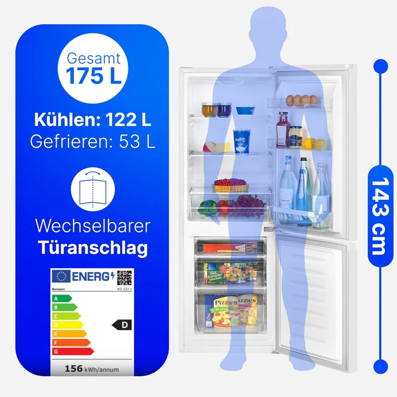 Bomann KG 322.1 weiß Kühl-Gefrierkombi 175 L | 143 cm | EEK D