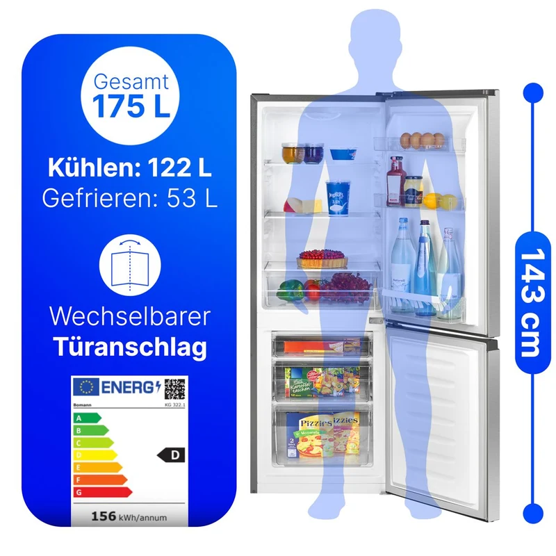 Bomann KG 322.1 ix Kühl-Gefrierkombi 175 L | 143 cm | Edelstahl-Optik | EEK D