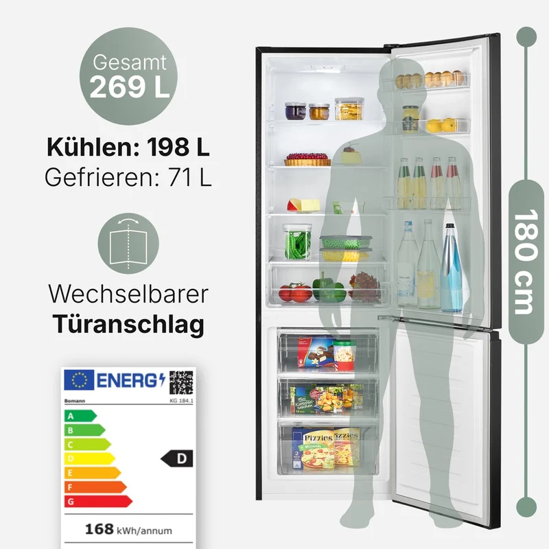 Bomann KG 184.1 six Kühl-Gefrierkombi 269 L | 180 cm | Schwarz-Edelstahl | EEK D