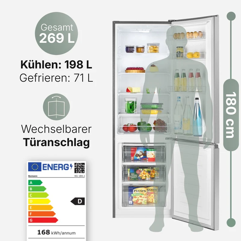 Bomann KG 184.1 ix Kühl-Gefrierkombi 269 L | 180 cm | Edelstahl-Optik | EEK D