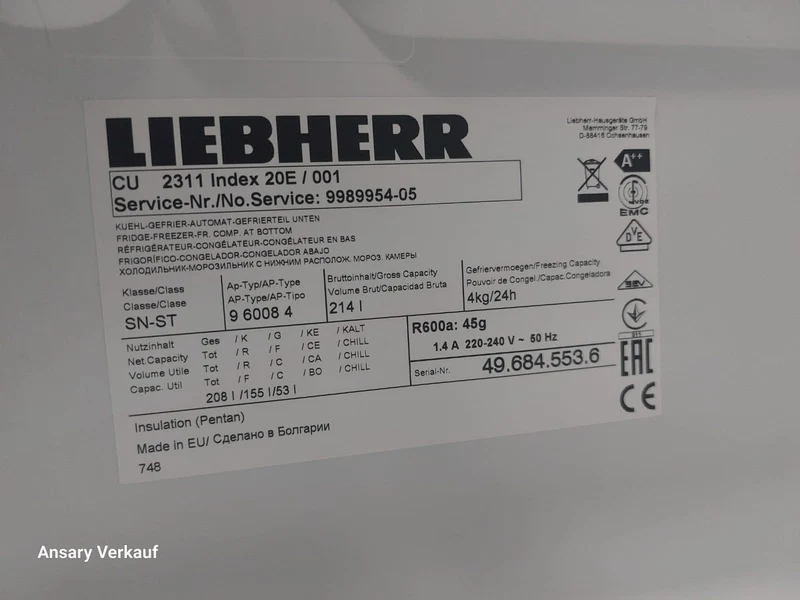 ** GEBRAUCHT** LIEBHERR Kühlgefrierkombination CU 2311 Index 20C/001