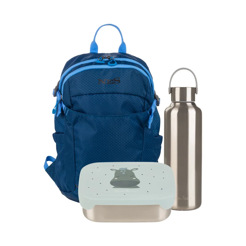Set aus Kinderrucksack NES Move (12 L), Lunchbox Rosmarino Prep&Go Hippo (800 ml) und Thermosflasche Rosmarino (600 ml)
