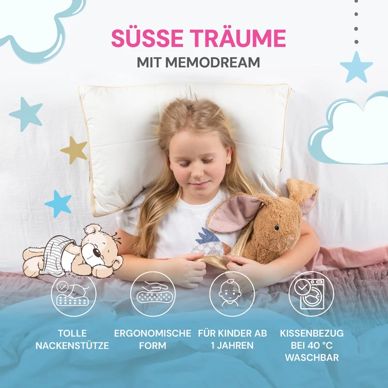 2 x Kinder Memory-Schaum Kopfkissen MemoDream Junior – 30 x 50 x 5 cm