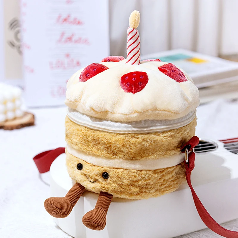 Plüsch Geschichteter Kuchen Umhängetasche mit Erdbeer-Applikationen & Kerzen-Topper Brehn