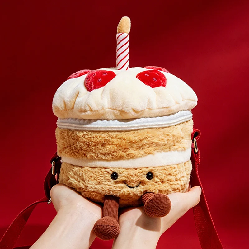 Plüsch Geschichteter Kuchen Umhängetasche mit Erdbeer-Applikationen & Kerzen-Topper Brehn