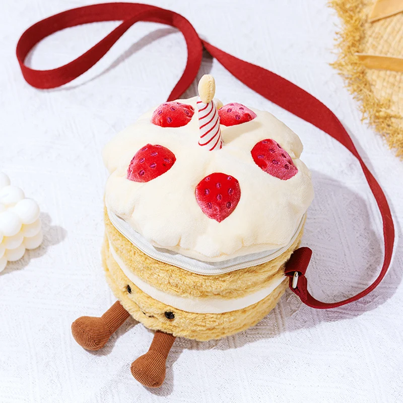 Plüsch Geschichteter Kuchen Umhängetasche mit Erdbeer-Applikationen & Kerzen-Topper Brehn