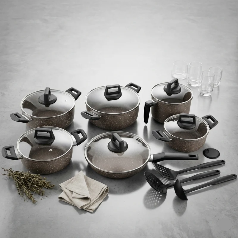 15 PCS Cookware Set Non Stick Marble Brown
