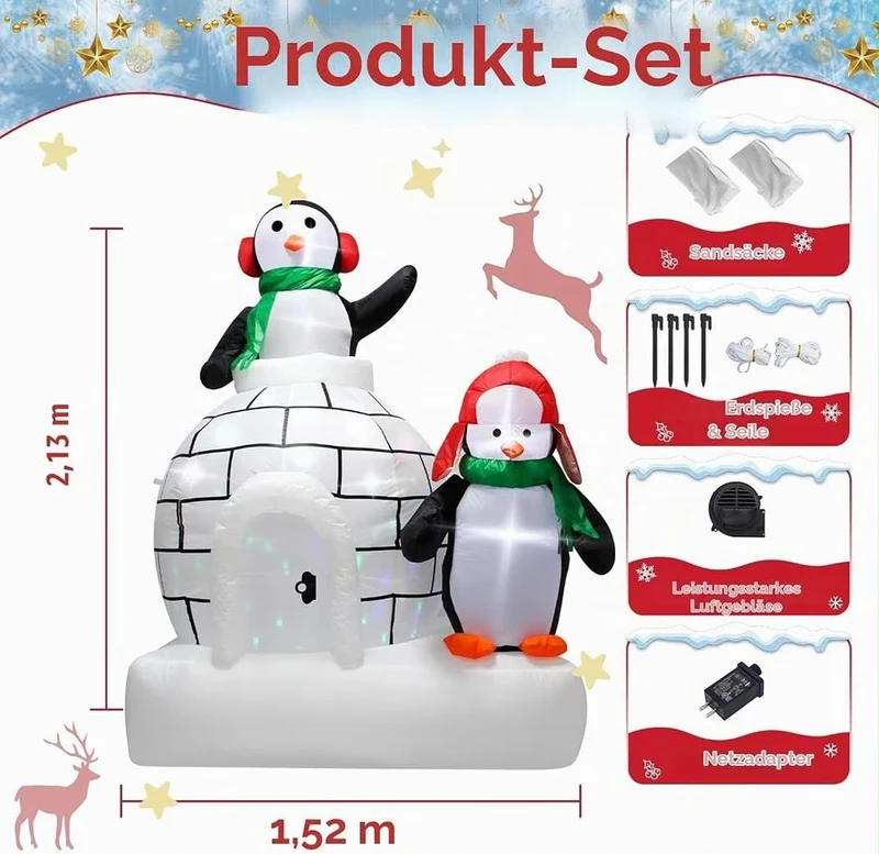 2,1m Aufblasbare Weihnachtsdekoration Pinguine Iglu LED Beleuchtung