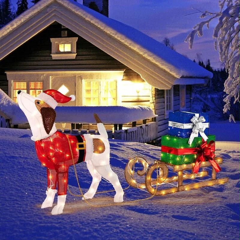 Weihnachtsdeko LED Hund Schlitten Outdoor Indoor Gartendeko