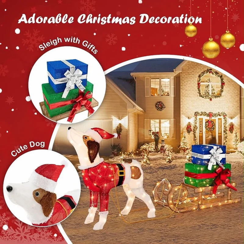 Weihnachtsdeko LED Hund Schlitten Outdoor Indoor Gartendeko