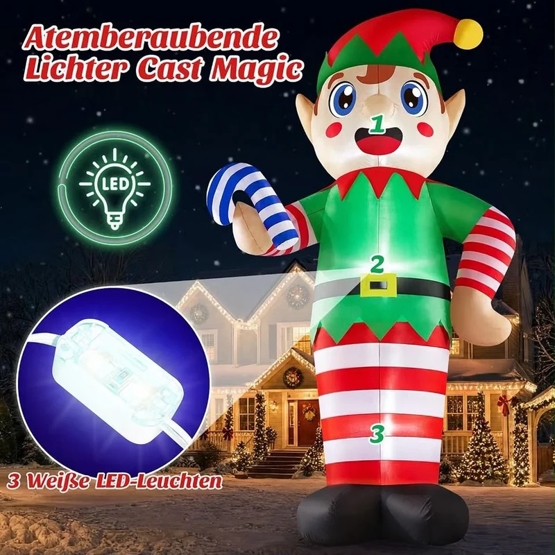 3,6m Aufblasbarer Weihnachtself Zuckerstange LED Beleuchtung