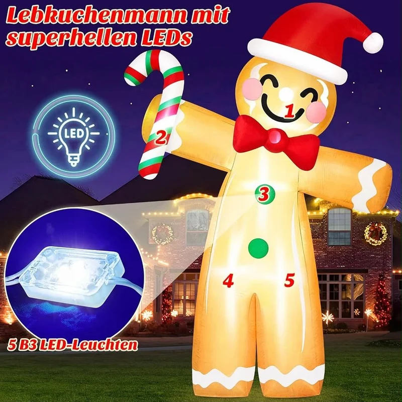 3,6m Weihnachtsdeko Aufblasbar LED Lebkuchenmann Zuckerstange