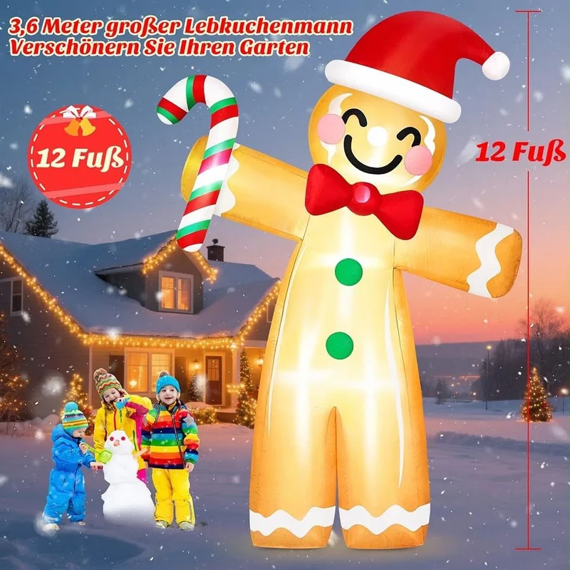 3,6m Weihnachtsdeko Aufblasbar LED Lebkuchenmann Zuckerstange