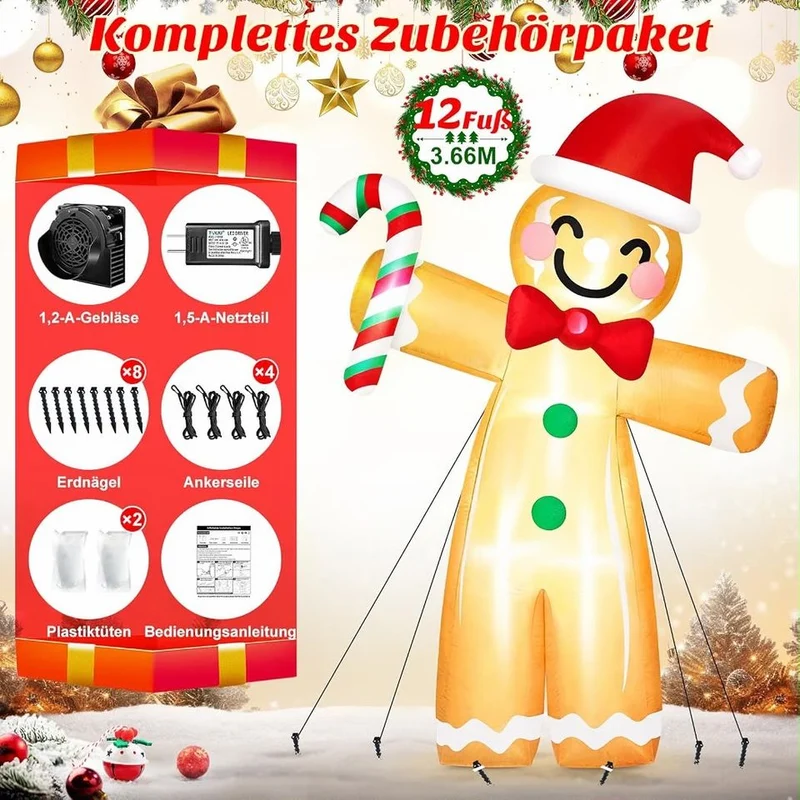 3,6m Weihnachtsdeko Aufblasbar LED Lebkuchenmann Zuckerstange