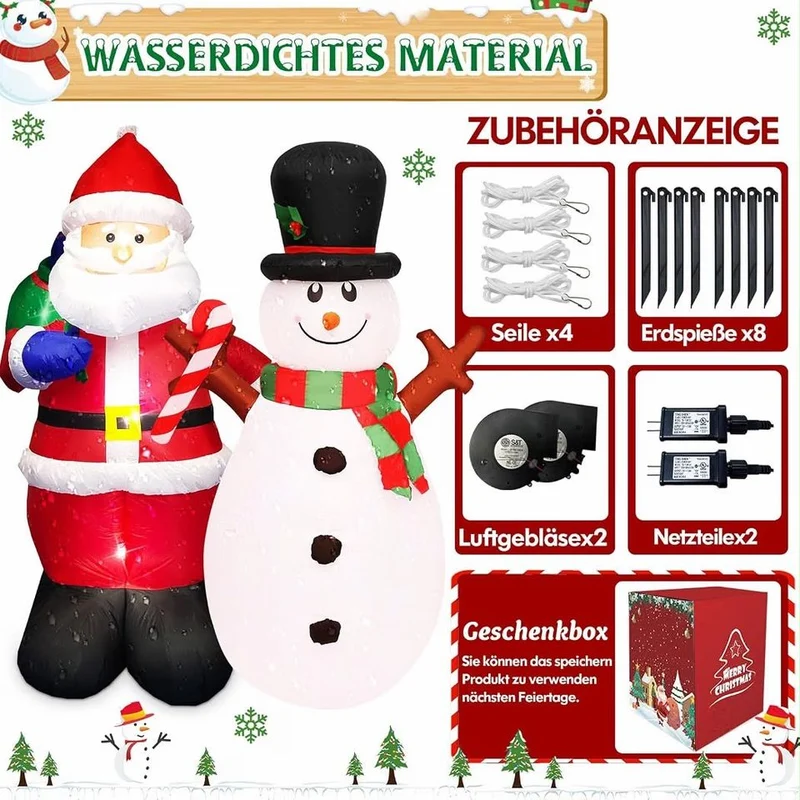 Aufblasbare Weihnachtsdekoration 150cm Weihnachtsmann Schneemann LED