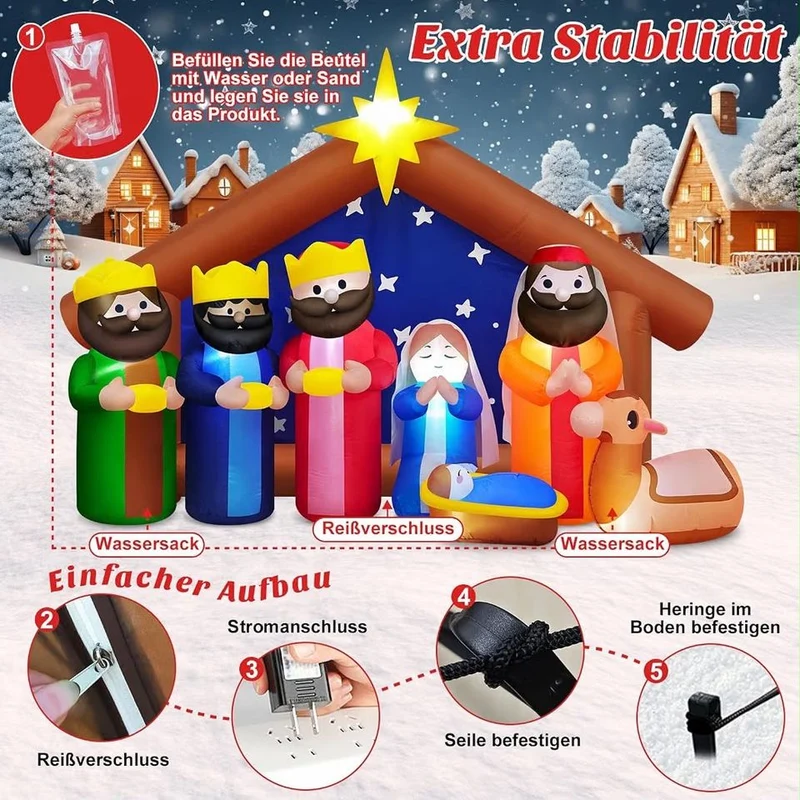 2,4m Aufblasbare LED Weihnachtskrippe Weihnachtsdeko Beleuchtung Outdoor