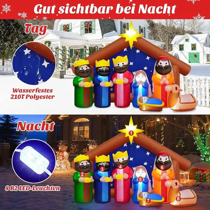2,4m Aufblasbare LED Weihnachtskrippe Weihnachtsdeko Beleuchtung Outdoor