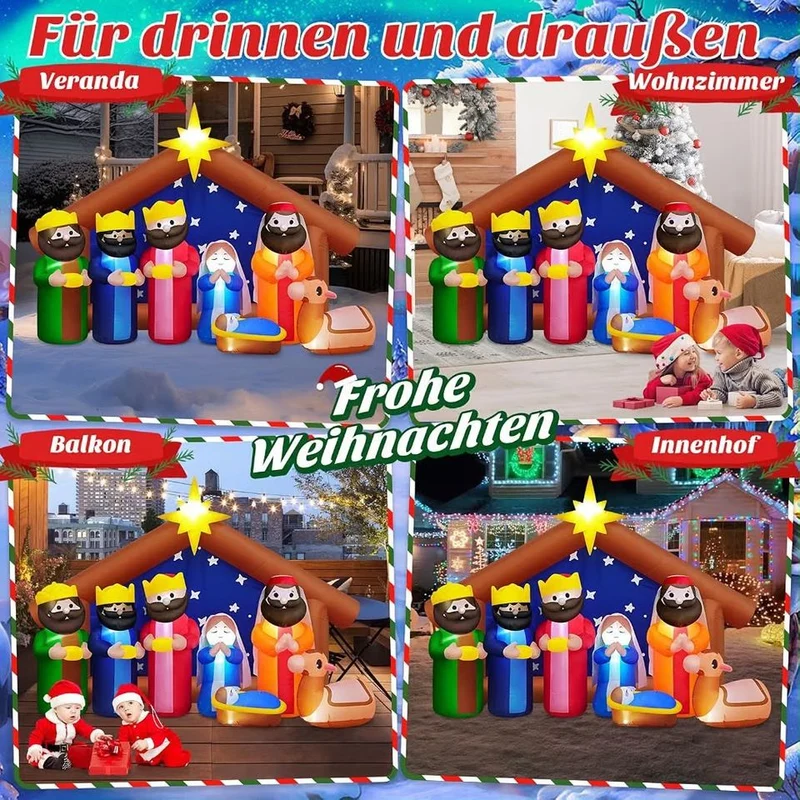 2,4m Aufblasbare LED Weihnachtskrippe Weihnachtsdeko Beleuchtung Outdoor