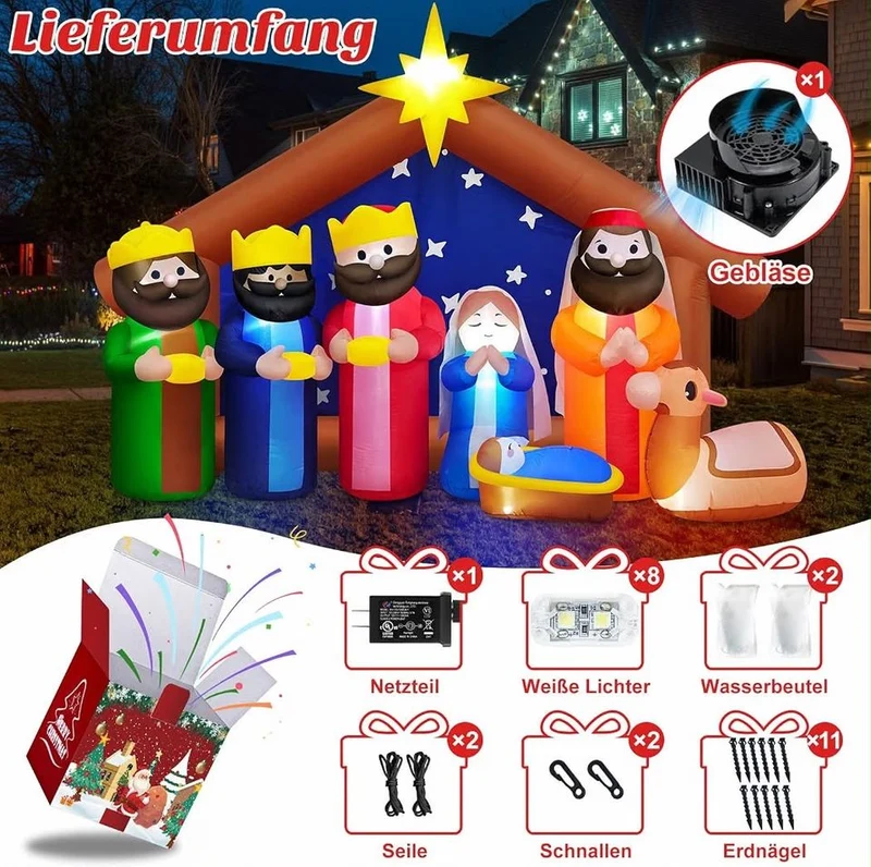 2,4m Aufblasbare LED Weihnachtskrippe Weihnachtsdeko Beleuchtung Outdoor