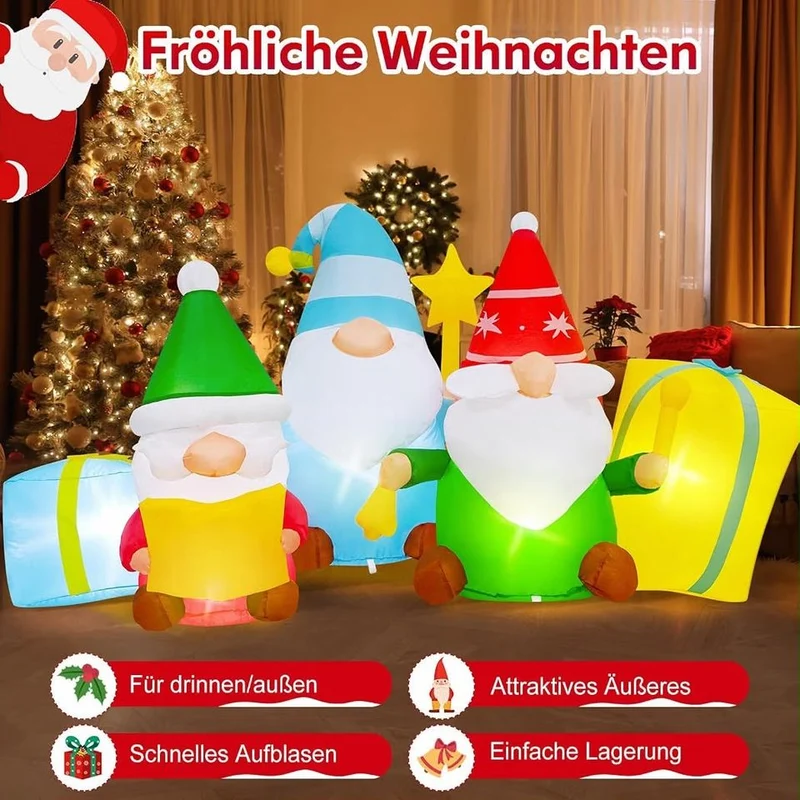 183cm Aufblasbare Weihnachtsdeko 3 Zwerge LED Beleuchtung Außendeko