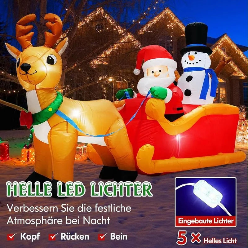 2m Aufblasbarer LED Weihnachtsmann Schlitten Rentier Deko Beleuchtet