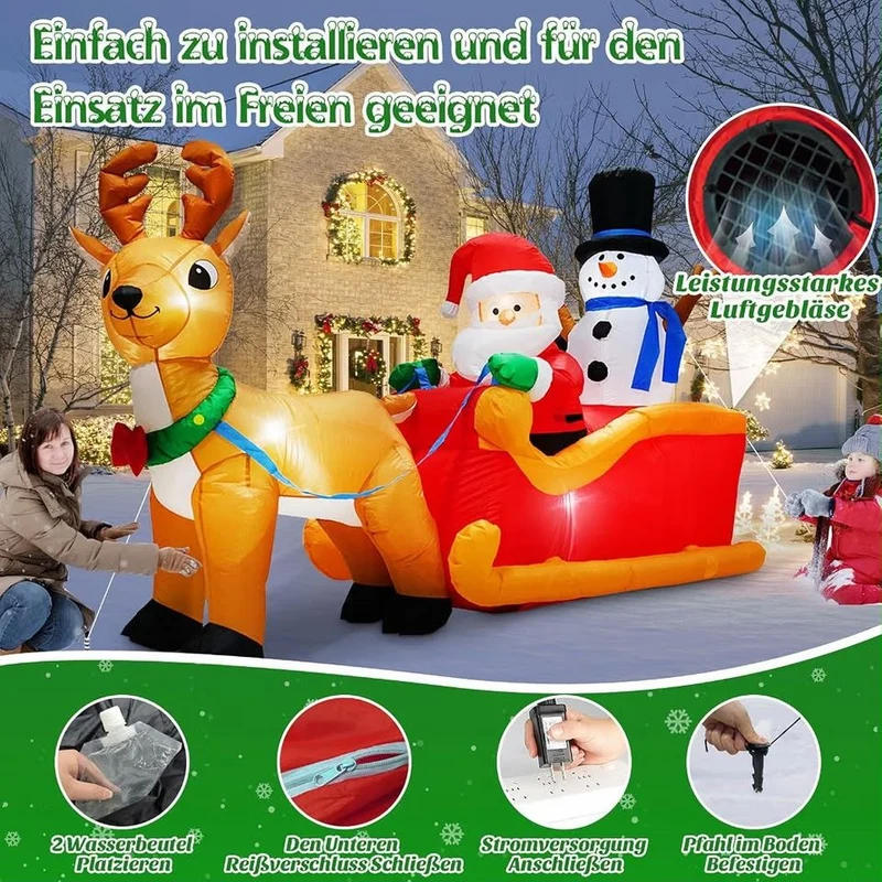 2m Aufblasbarer LED Weihnachtsmann Schlitten Rentier Deko Beleuchtet