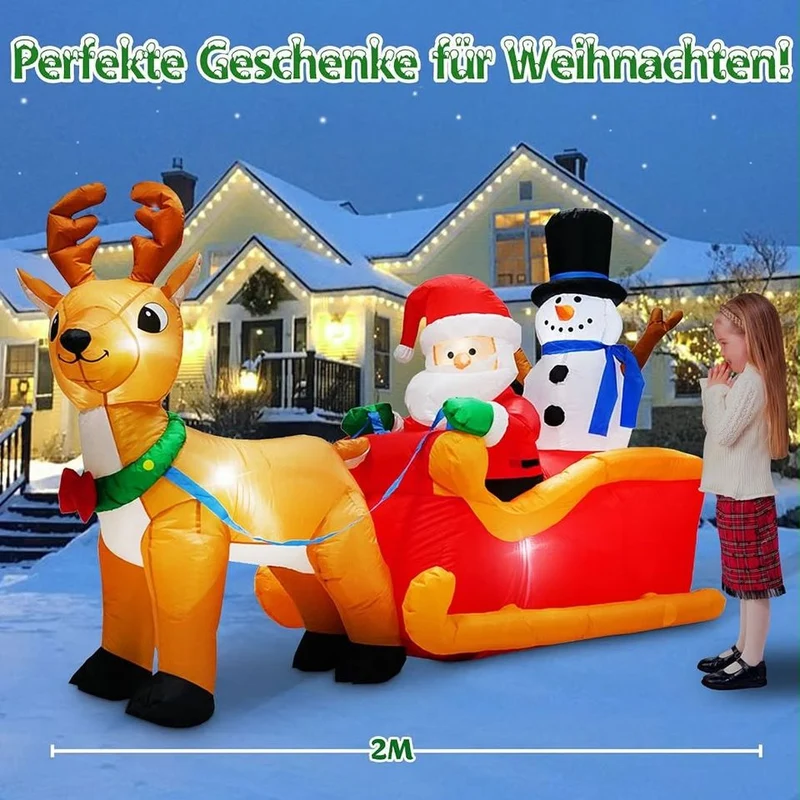 2m Aufblasbarer LED Weihnachtsmann Schlitten Rentier Deko Beleuchtet