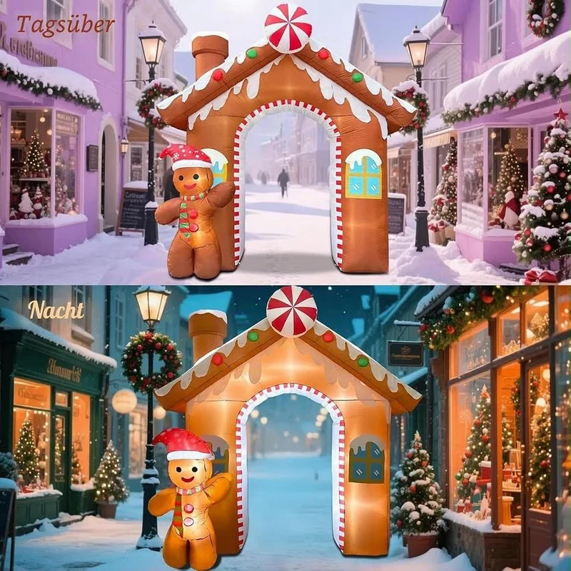 3m Aufblasbarer Weihnachtsbogen Lebkuchenhaus LED Beleuchtung