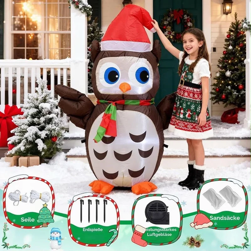 122cm Aufblasbare LED Eule Weihnachtsmütze Weihnachtsdeko