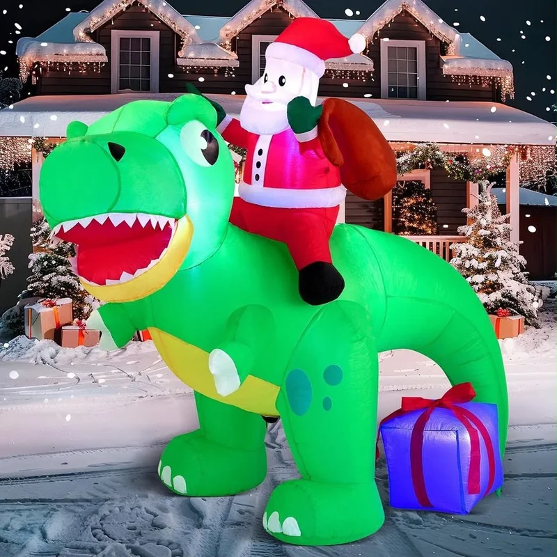 180cm Aufblasbarer Dinosaurier Weihnachtsmann LED Beleuchtung Gartendeko