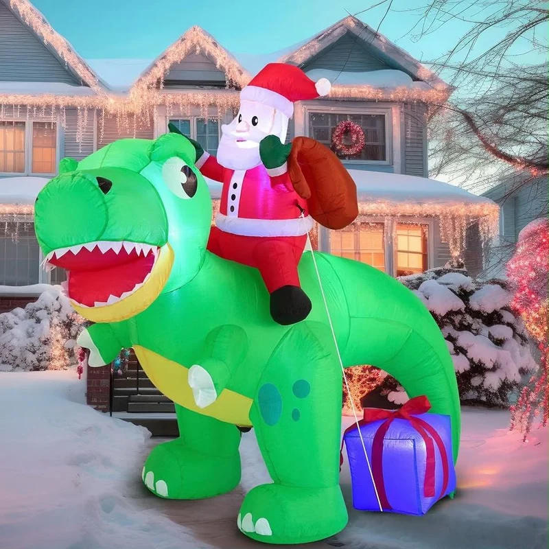 180cm Aufblasbarer Dinosaurier Weihnachtsmann LED Beleuchtung Gartendeko