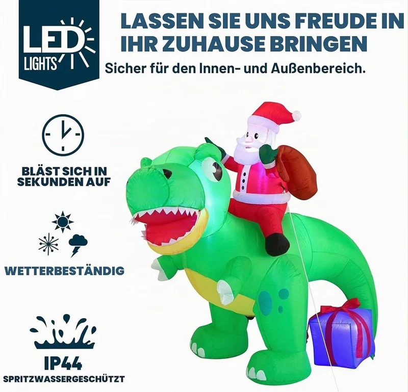 180cm Aufblasbarer Dinosaurier Weihnachtsmann LED Beleuchtung Gartendeko