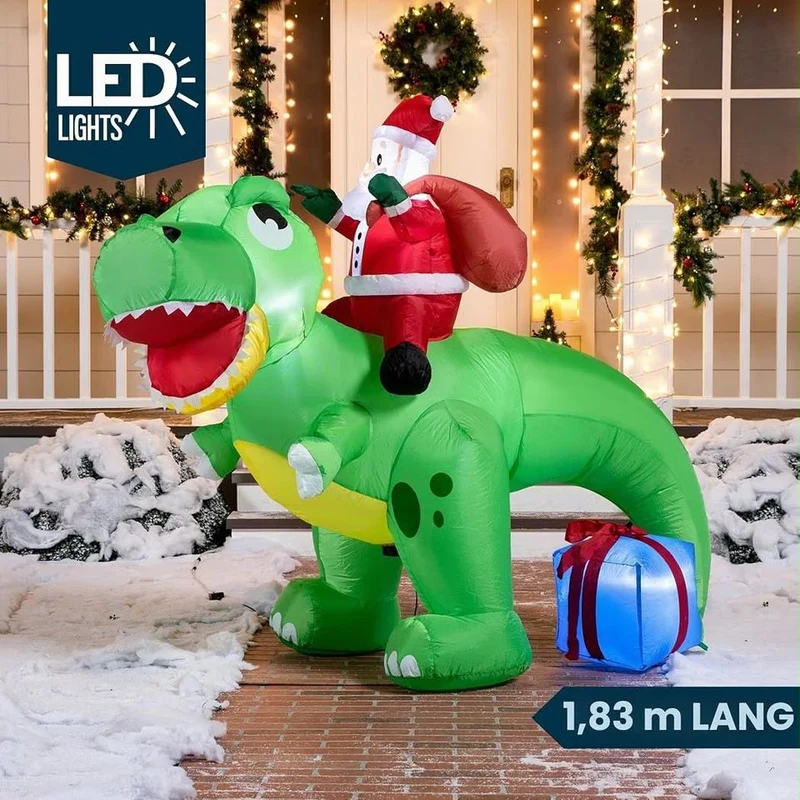 180cm Aufblasbarer Dinosaurier Weihnachtsmann LED Beleuchtung Gartendeko