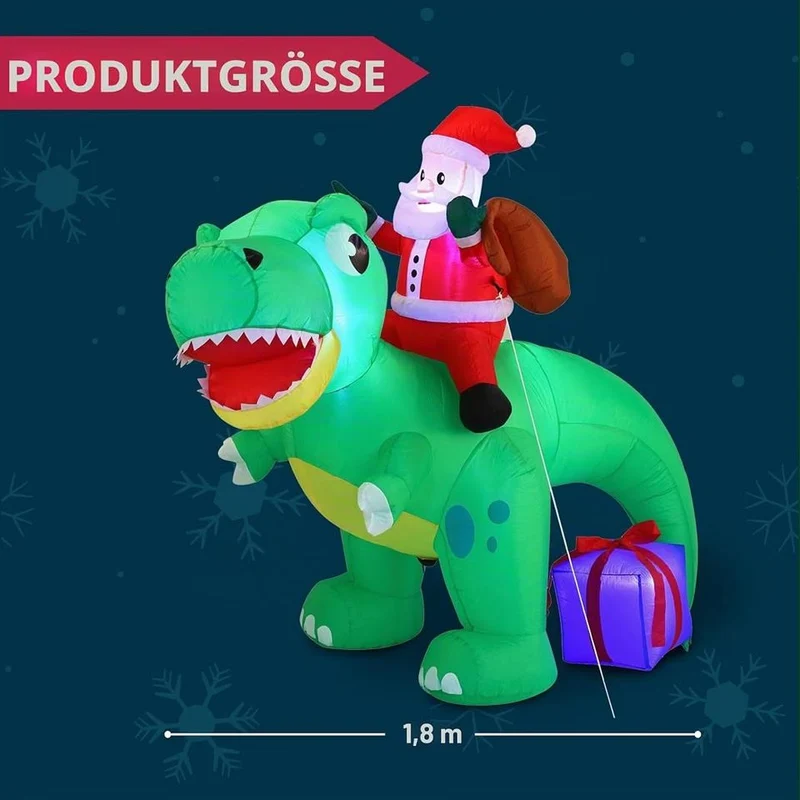 180cm Aufblasbarer Dinosaurier Weihnachtsmann LED Beleuchtung Gartendeko
