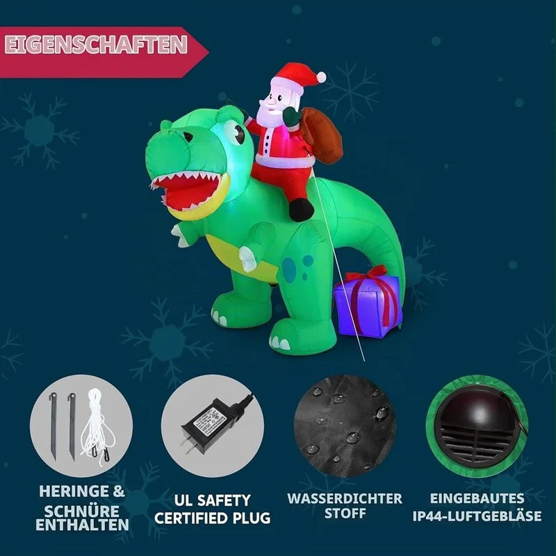 180cm Aufblasbarer Dinosaurier Weihnachtsmann LED Beleuchtung Gartendeko