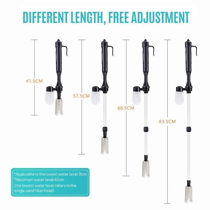 Aquarium Bodenreiniger elektrisch – Mulmsauger mit Filterbeutel, batteriebetrieben (2x C/LR14), ABS-Kunststoff, 3 Rohre längenverstellbar