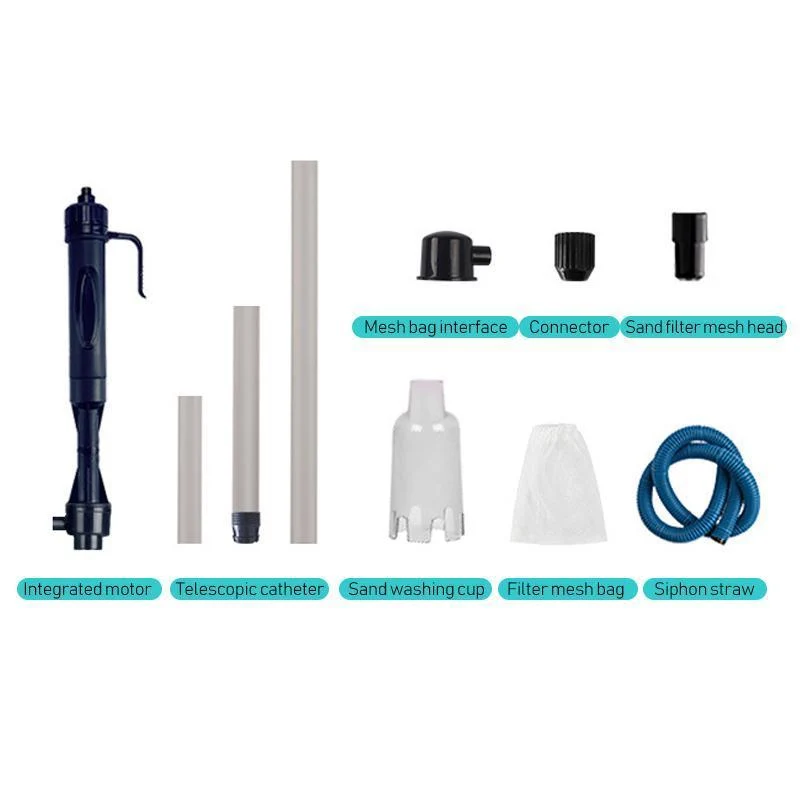 Aquarium Bodenreiniger elektrisch – Mulmsauger mit Filterbeutel, batteriebetrieben (2x C/LR14), ABS-Kunststoff, 3 Rohre längenverstellbar