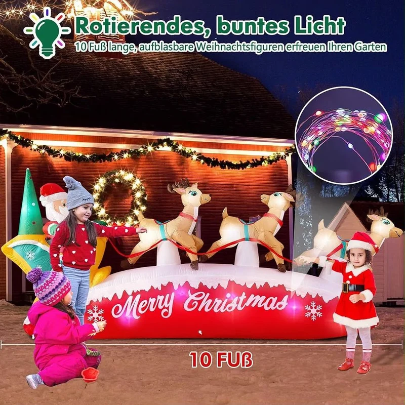 Aufblasbare LED Weihnachtsdekoration 3m Weihnachtsmann Rentiere Schlitten