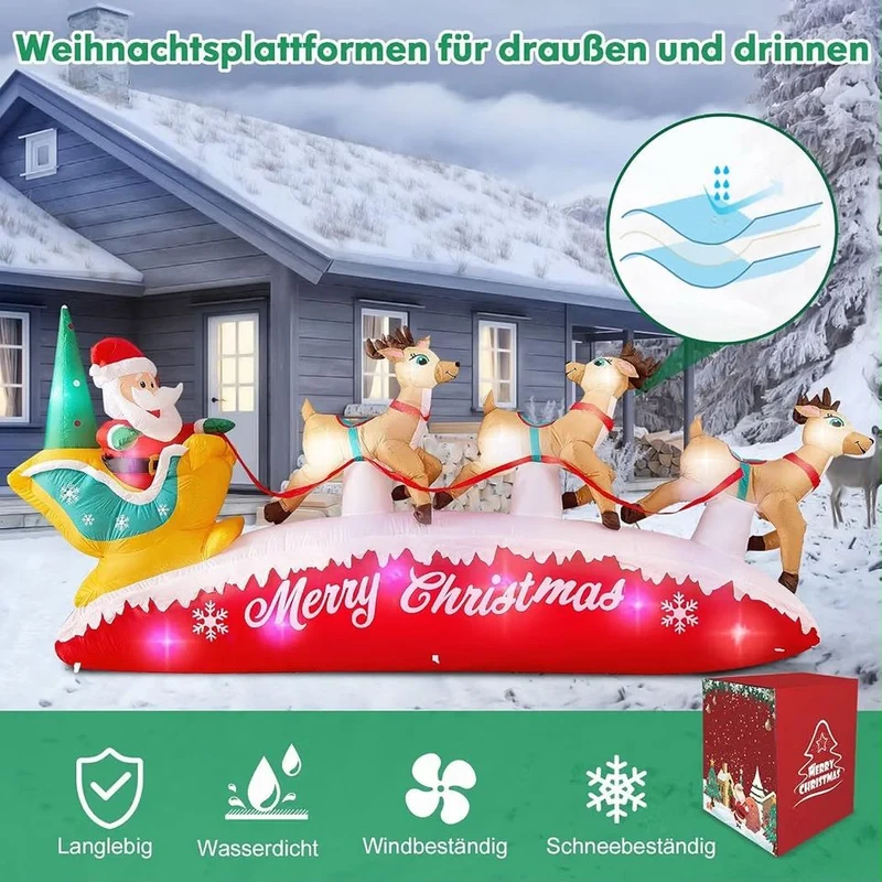 Aufblasbare LED Weihnachtsdekoration 3m Weihnachtsmann Rentiere Schlitten