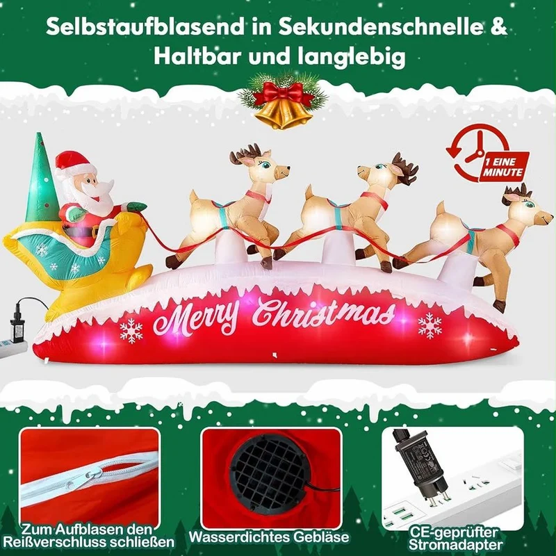 Aufblasbare LED Weihnachtsdekoration 3m Weihnachtsmann Rentiere Schlitten