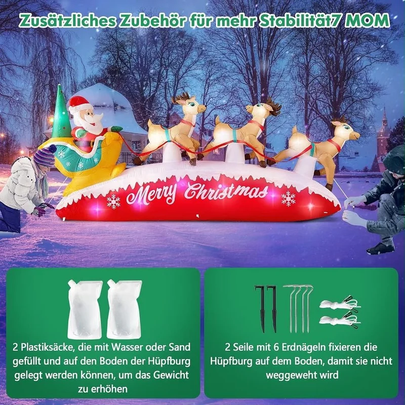 Aufblasbare LED Weihnachtsdekoration 3m Weihnachtsmann Rentiere Schlitten